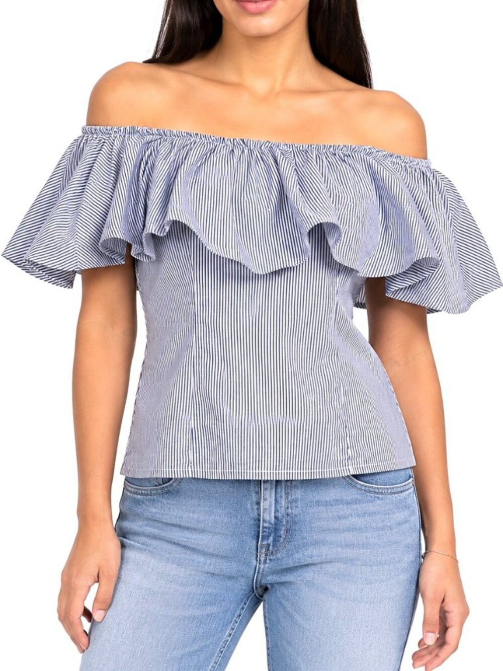La Pateau Top Womens 6 White Navy Pinstripe Off Shoulder Bardot Neck Boho Euro
